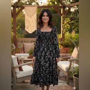 Haptics Black Floral Smocked Maxi Dress, size S